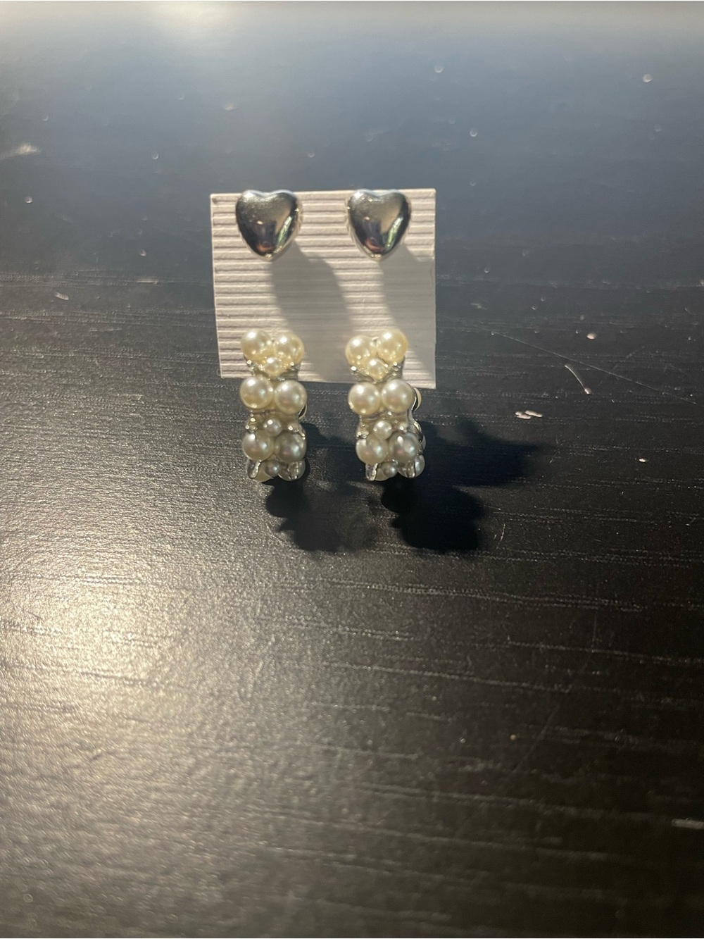 Pearl Cluster Drop Earrings with Silver Heart Studs